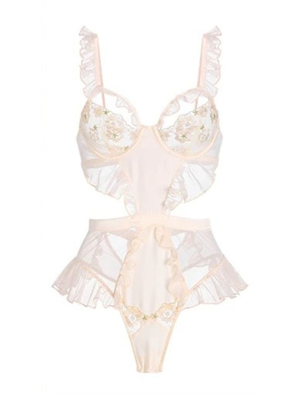 pink mesh sexy bodysuit with star embroideries