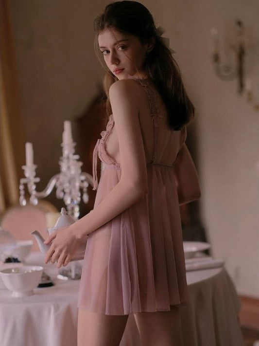 lavender colour babydoll with crotchless panty and peek-a-boo bra