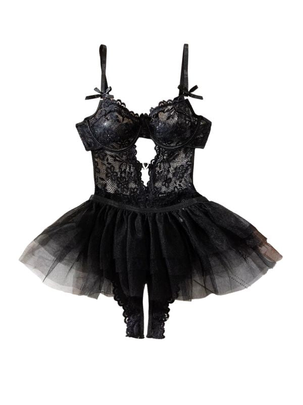 Black lace lingerie set with a tutu skirt on a white background