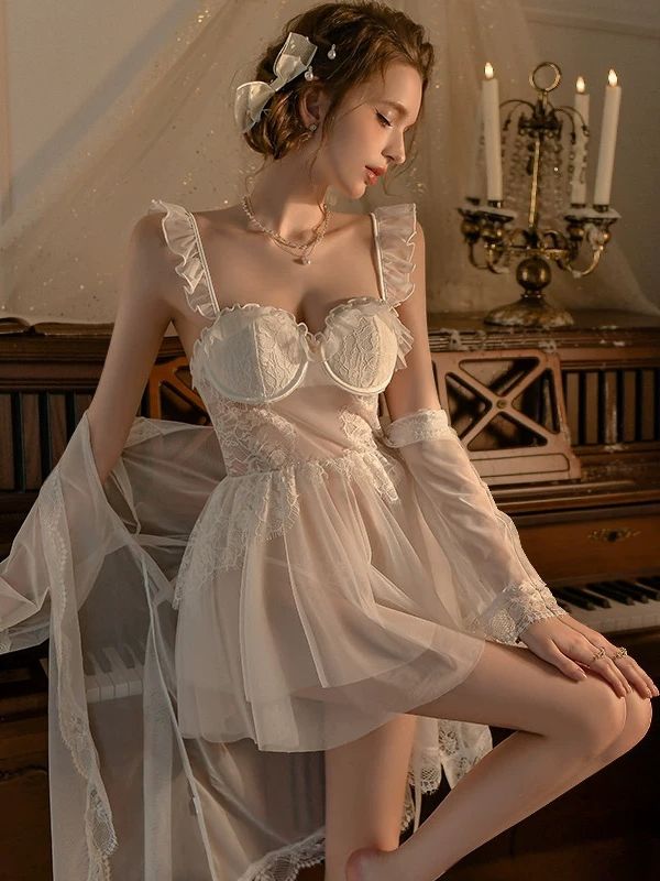 white mesh sexy babydoll with ruffle shoulder strap