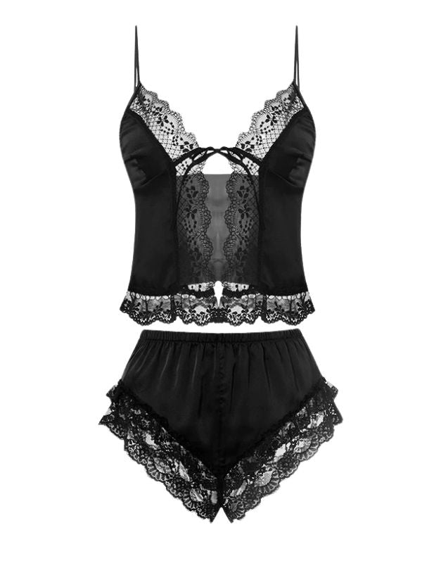 black satin and lace lingerie cami set with ribbon tie and lace trim
