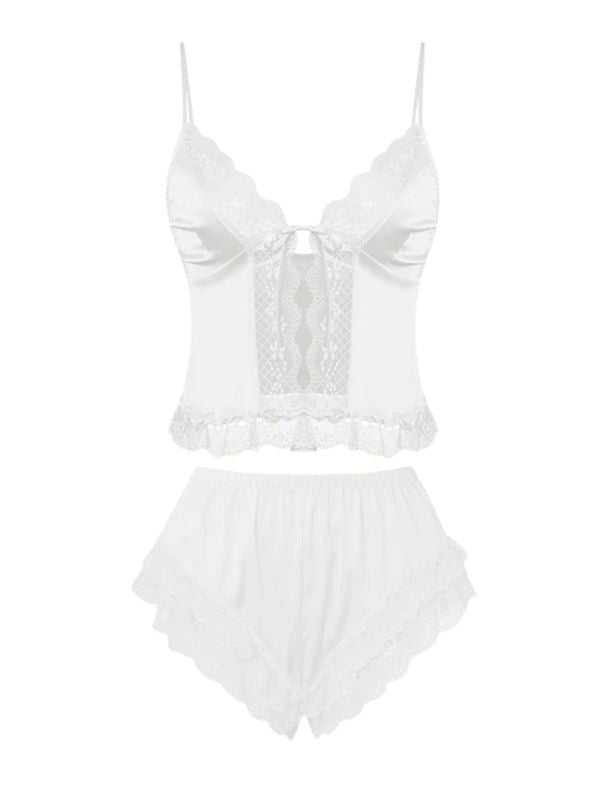 White satin and lace cami set with ribbon tie and lace trim