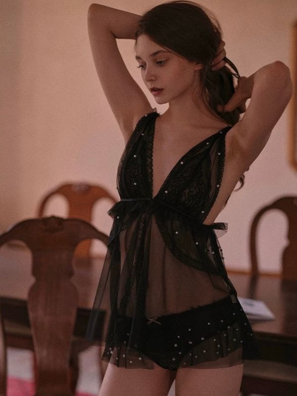 black sexy lingerie babydoll with pearl details
