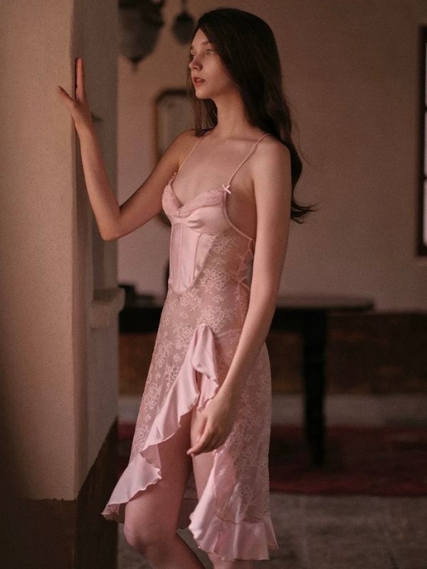 pink lace long lingerie dress babydoll