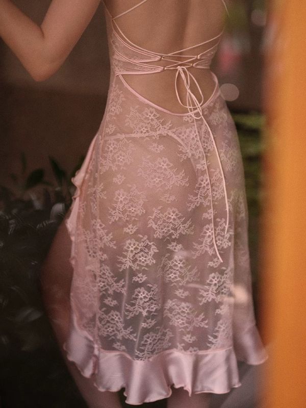 pink lace long lingerie dress babydoll