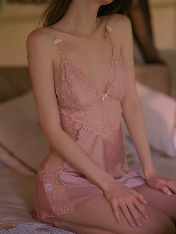 Pink lace satin sexy babydoll