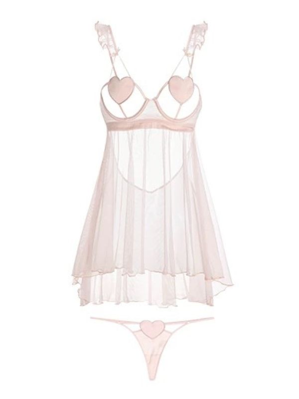 open heart shape bra cup sheer babydoll in pink