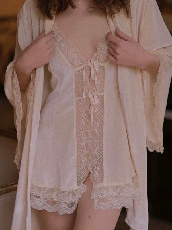 velvet material lace babydoll in beige colour with robe lingerie