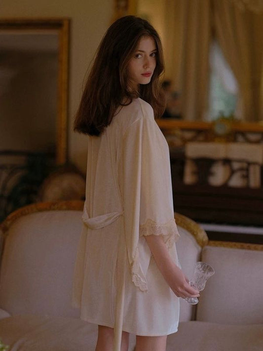 velvet material lace babydoll in beige colour with robe lingerie