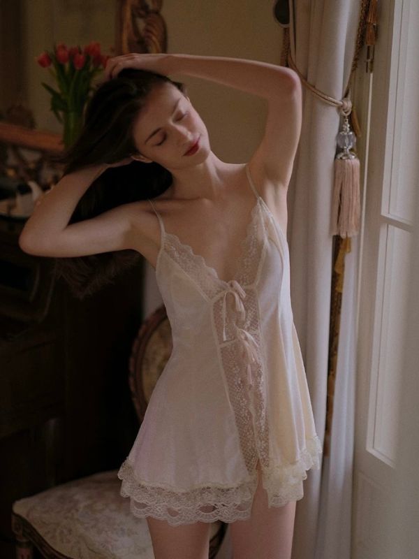velvet material lace babydoll in beige colour with robe lingerie