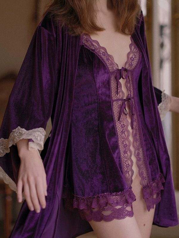 velvet material lace babydoll in purple colour with robe lingerie