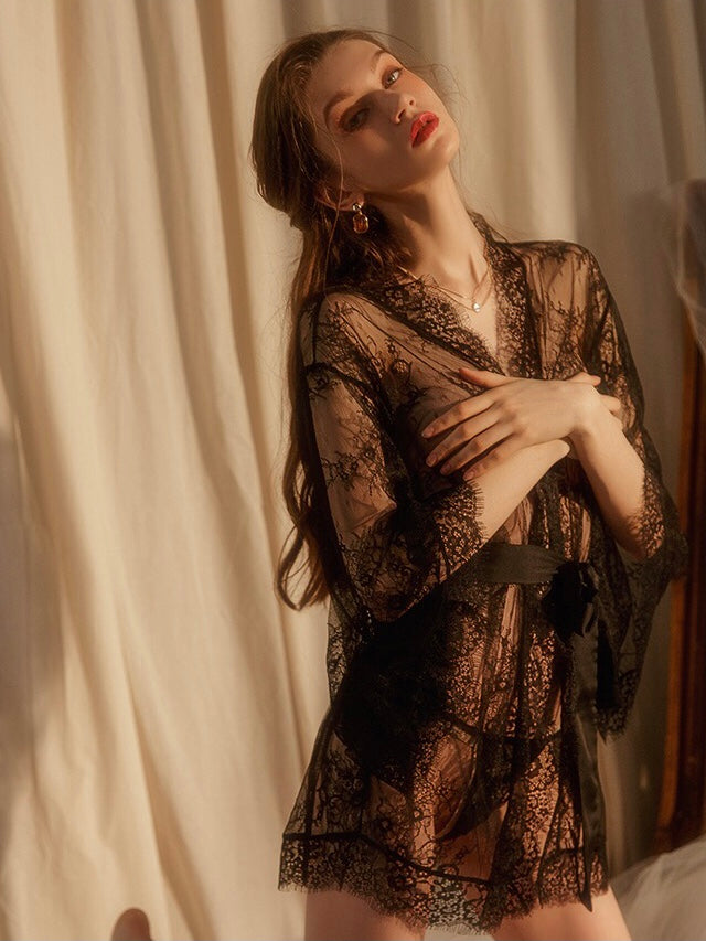sexy black lace crotchless bodysuit lingerie with ribbon bust tie