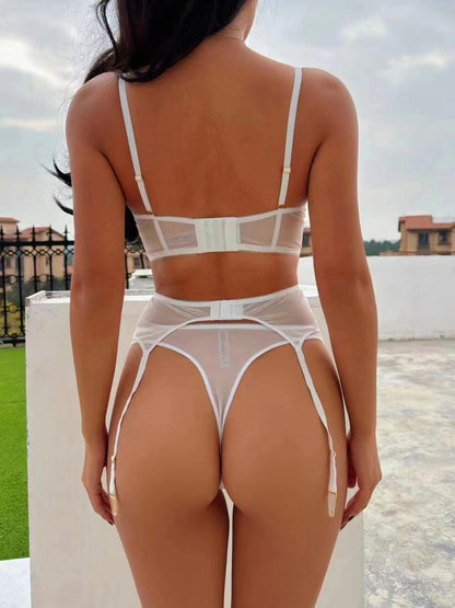 sexy floral lace longline bra with matching garter and panty lingerie set in white