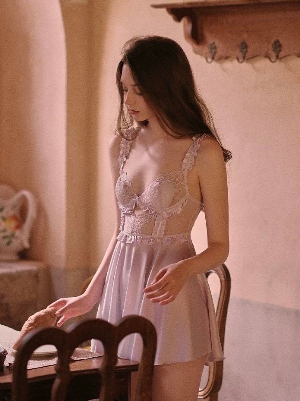lavender satin chemise with lace bra cup