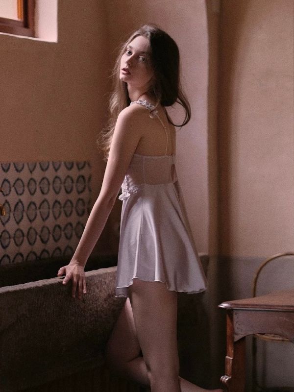 lavender satin chemise with lace bra cup