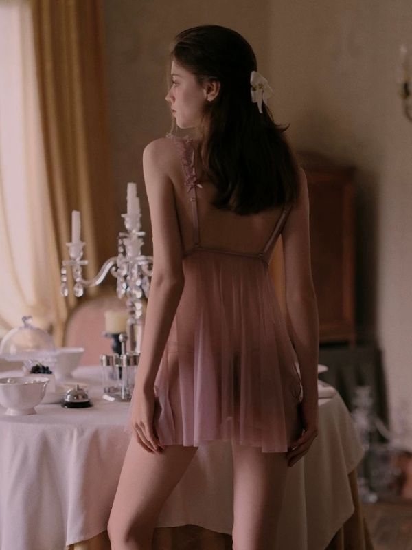 lavender colour babydoll with crotchless panty and peek-a-boo bra