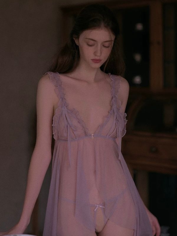 lavender colour babydoll with crotchless panty and peek-a-boo bra