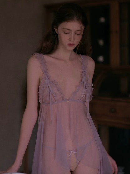 lavender colour babydoll with crotchless panty and peek-a-boo bra