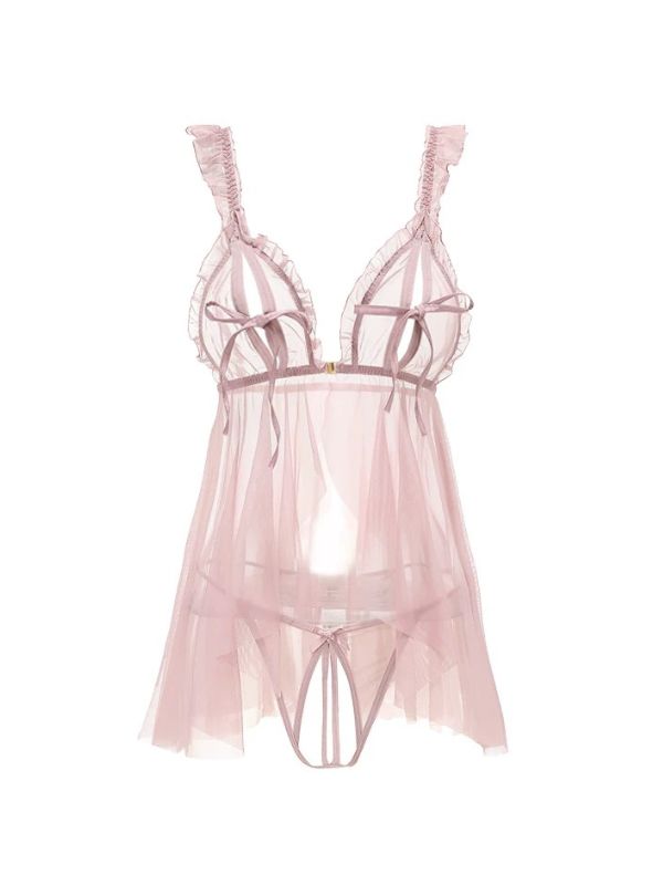 lavender colour babydoll with crotchless panty and peek-a-boo bra