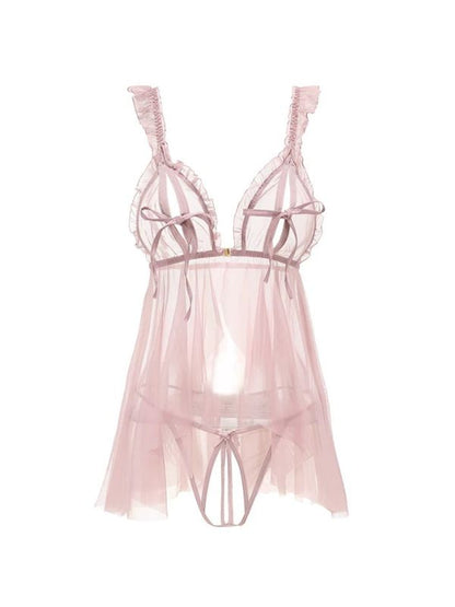 lavender colour babydoll with crotchless panty and peek-a-boo bra