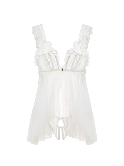 white colour babydoll with crotchless panty and peek-a-boo bra
