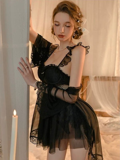 black mesh sexy babydoll with ruffle shoulder strap