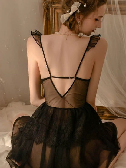 black mesh sexy babydoll with ruffle shoulder strap