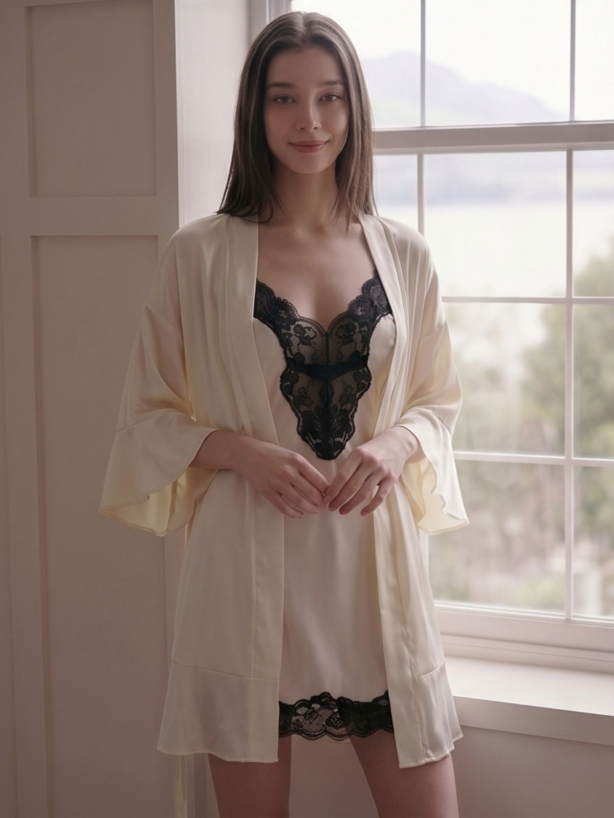 Woman wearing a cream-colored robe over black lingerie in a room with a window.