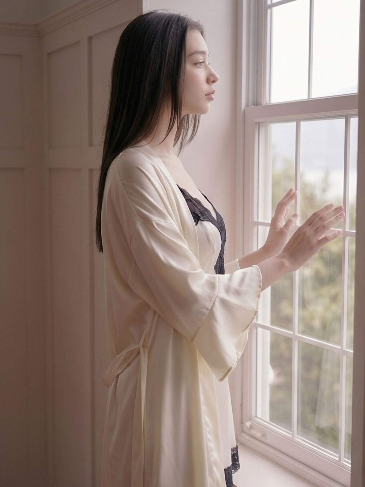Woman in a white robe standing by a window, wearing a black bralette.