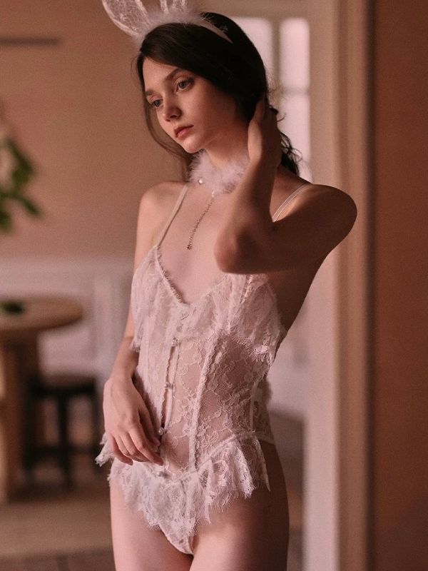 WHITE lace open crotch bodysuit with bunny costume
