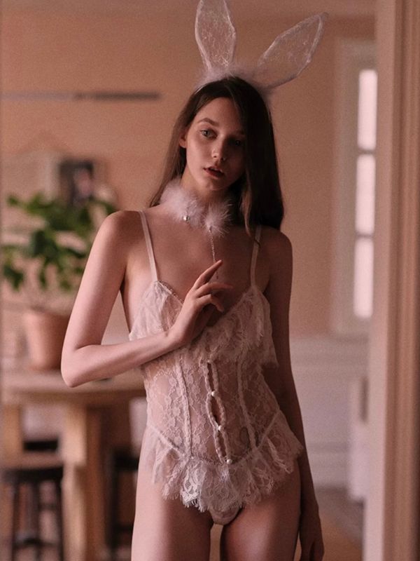 WHITE lace open crotch bodysuit with bunny costume