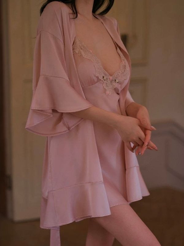 sexy satin chemise with matching robe in pink color