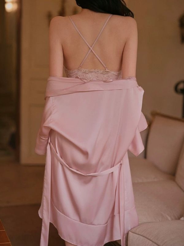 sexy satin chemise with matching robe in pink color