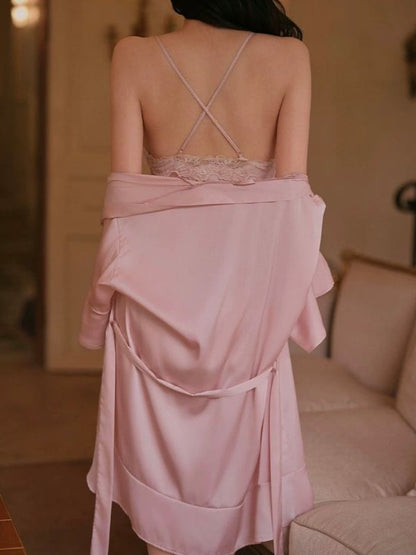 sexy satin chemise with matching robe in pink color