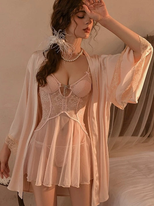 Lumiere 18 Myra Sheer Mesh Babydoll with Robe Pink