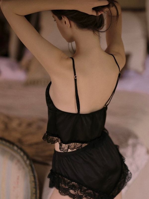 black satin and lace lingerie cami set with ribbon tie and lace trim