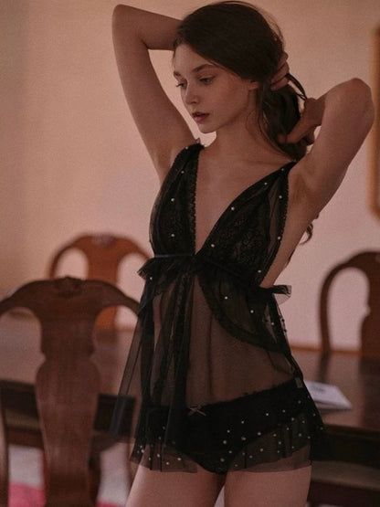 black sexy lingerie babydoll with pearl details