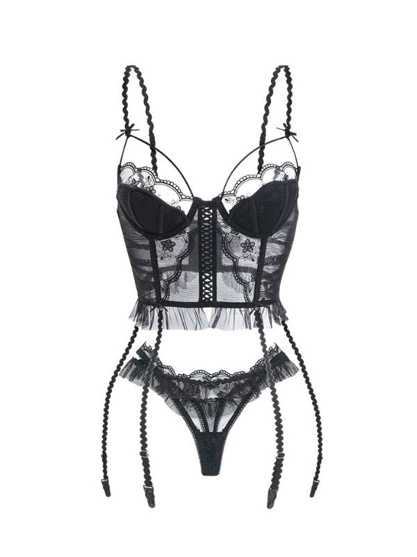 Black long line bra with matching lace panty with garter