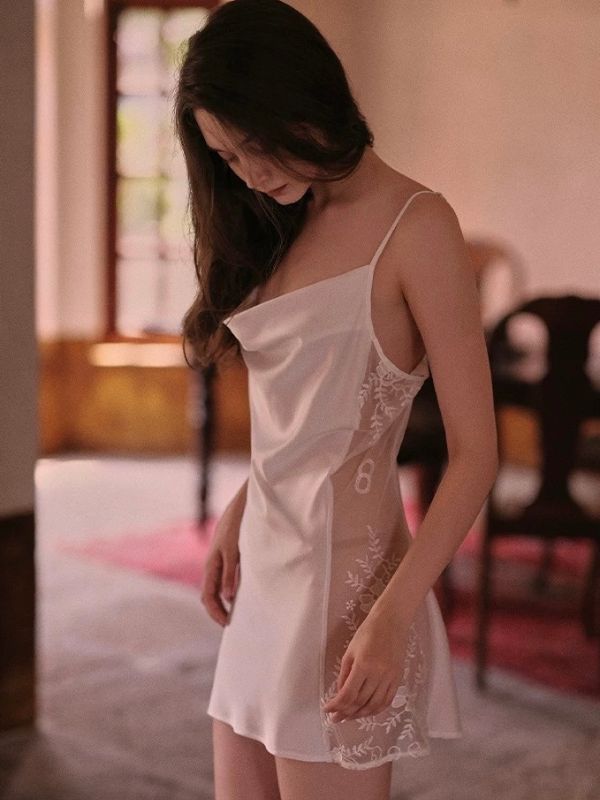 white cowl neck sexy chemise with side mesh panel