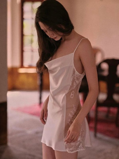 white cowl neck sexy chemise with side mesh panel