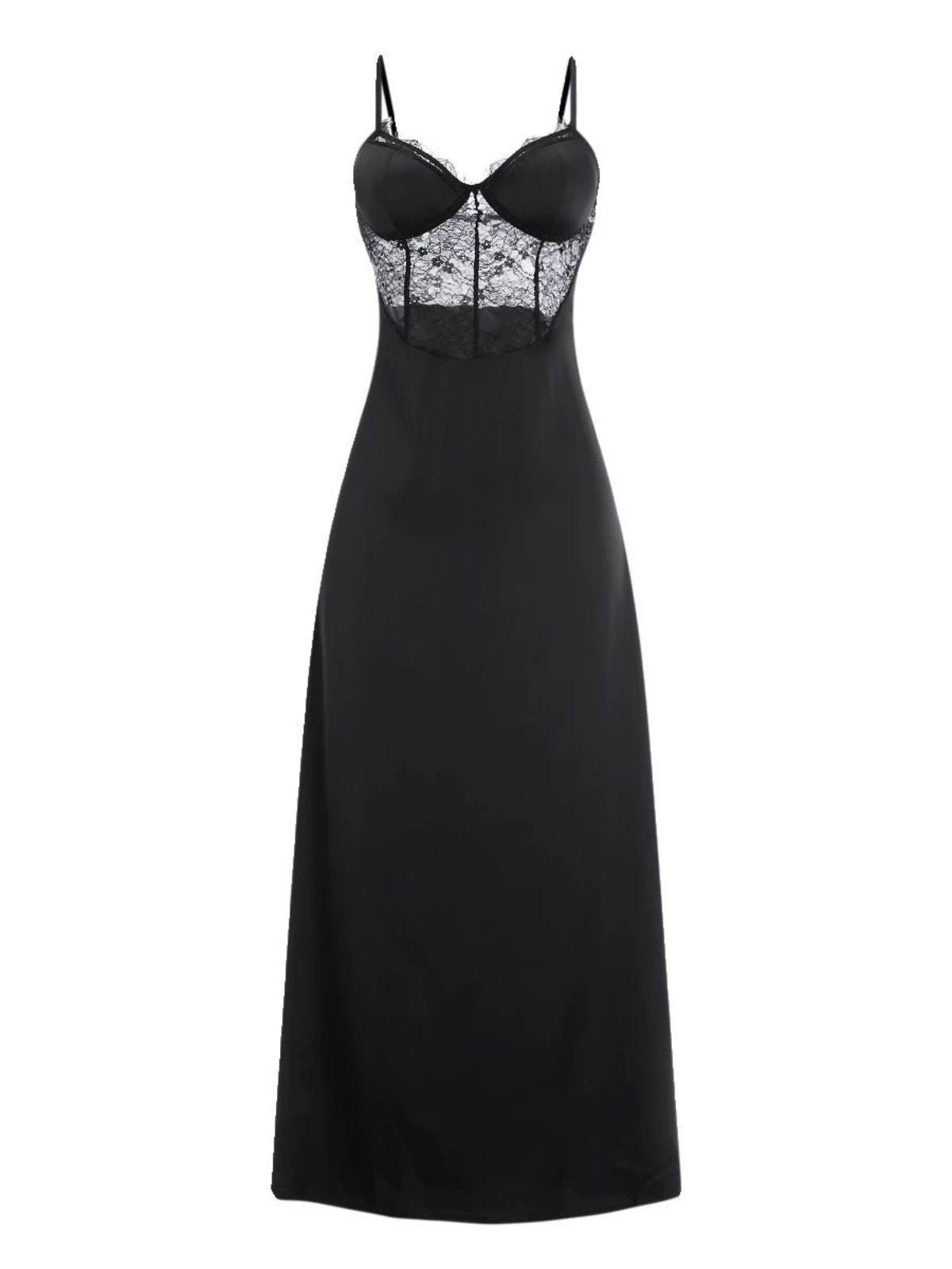 Black slip dress with lace detailing on a white background