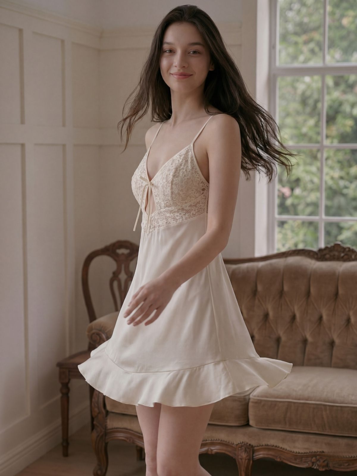 Woman in a beige lace dress standing in a room with a couch and window.