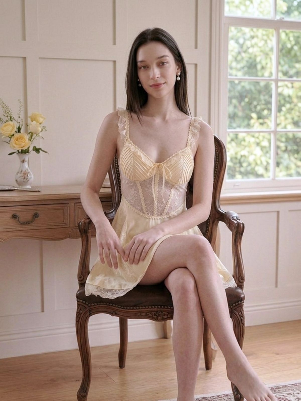 Woman in a yellow lace dress sitting on a wooden chair in a room with a window and desk.