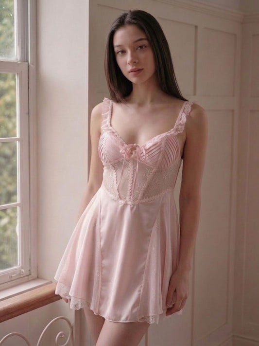 Woman wearing a pink lace nightgown standing by a window.