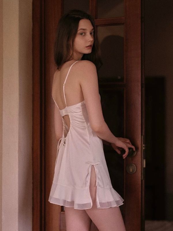White Satin Sexy Chemise with pleated bust